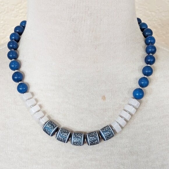 Teal Blue Jade & Moonstone Beaded Filigree Simple Strand Necklace - Picture 1 of 3